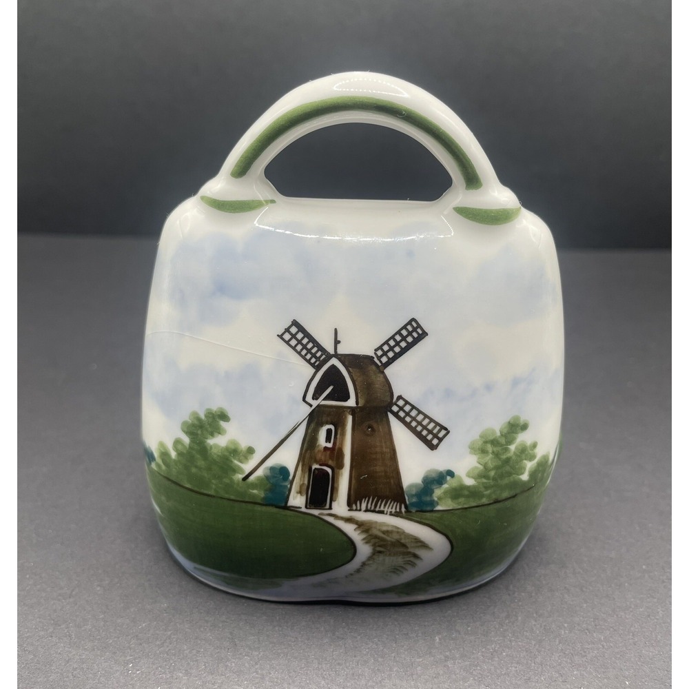 Vintage Trapezoid Shaped Porcelain‎ Bell in Delft Polychrome Style w/Fat Clapper